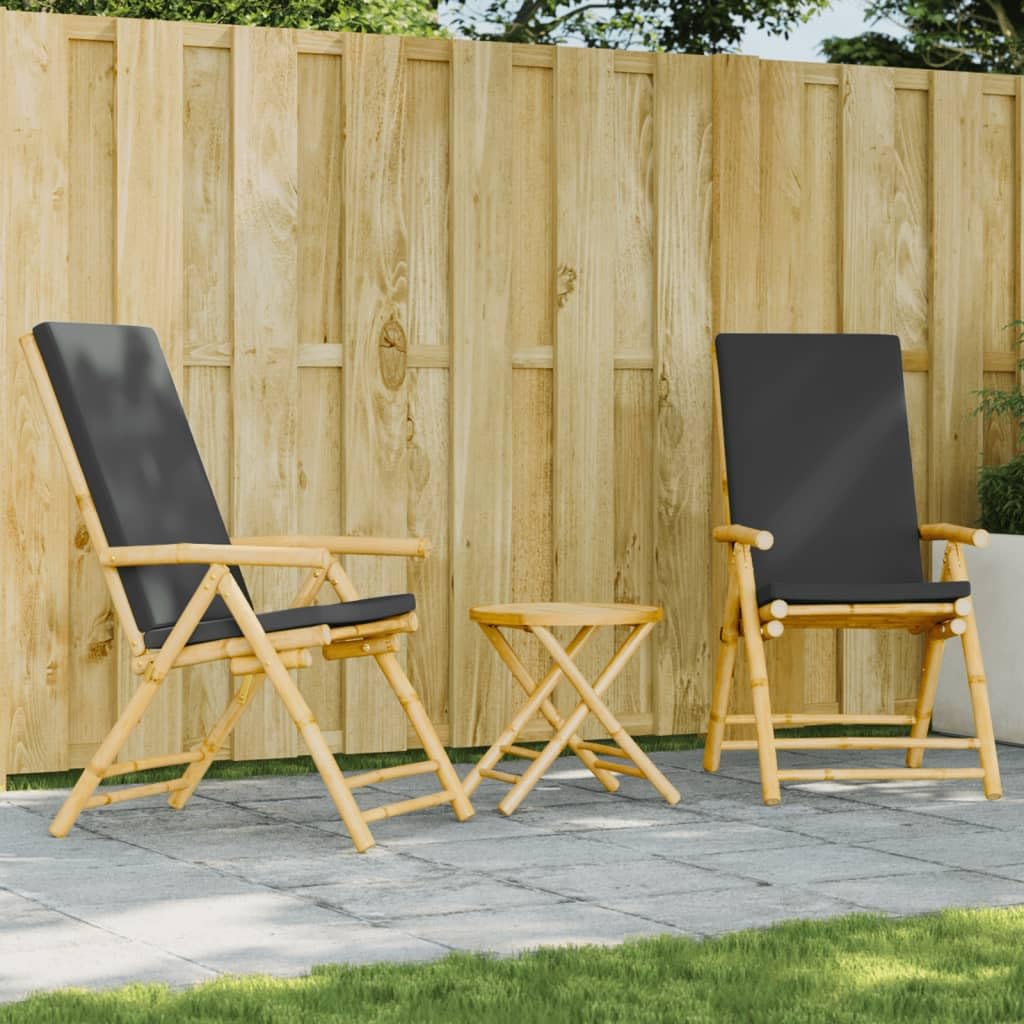 Set bistrot pieghevole con cuscini 3 pezzi bambù grigio scuro set di mobili da tavolo e sedie, per terrazza, tipo bistrot, piccoli balconi, terrazze