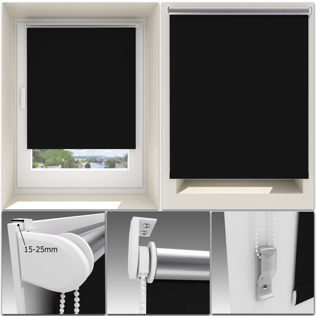 HOMEDEMO HOMEDEMO Blackout Roller Blind Thermal Insulated Opaque Blackout Curtain with or without Drilling, 55L x 120L cm, Fabric Width 55cm, Black in use