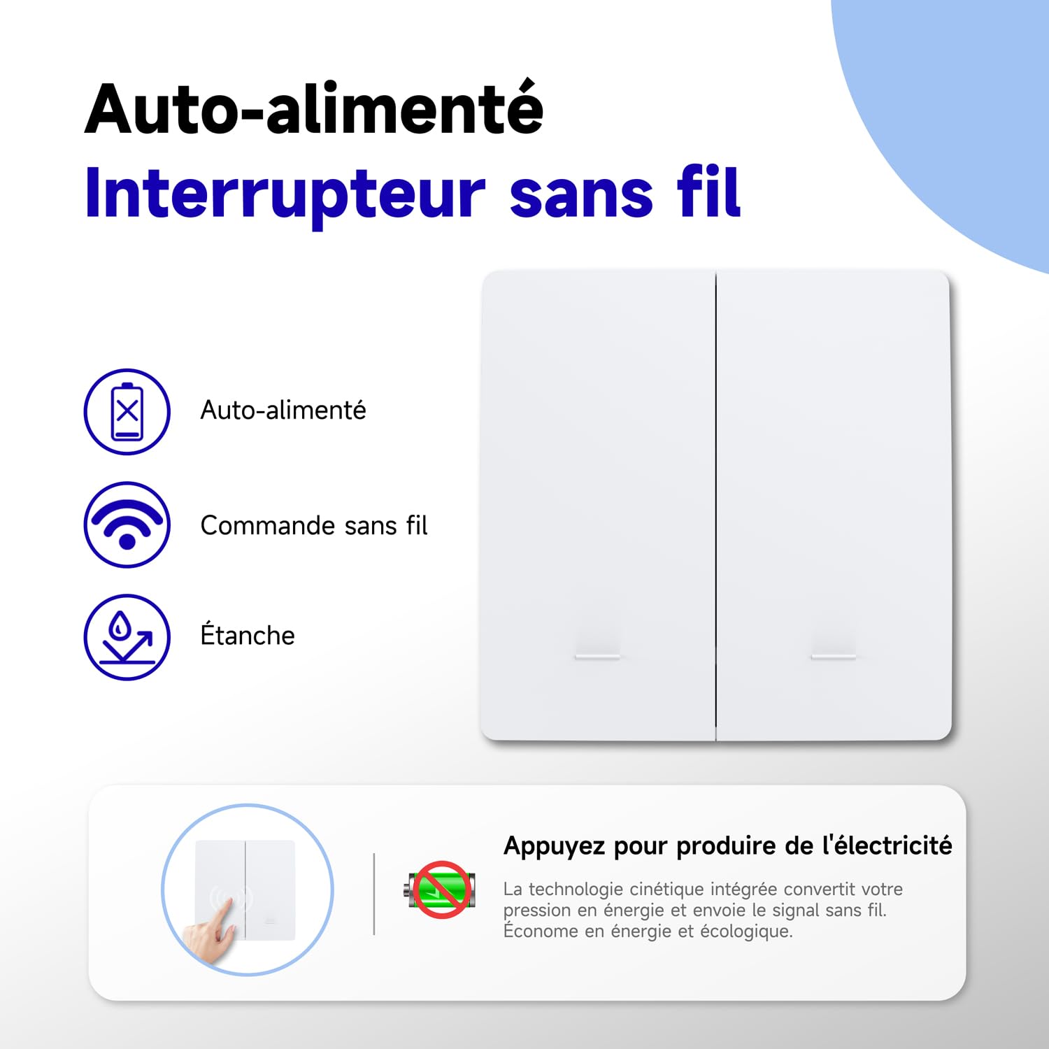 Kit d'interrupteur sans fil cinétique sans piles interrupteur auto-alimenté interrupteurs sans fil quinétique sans pile télécommande radio interrupteur d'éclairage sans fil RF (EU 2Gang 2V2 White)