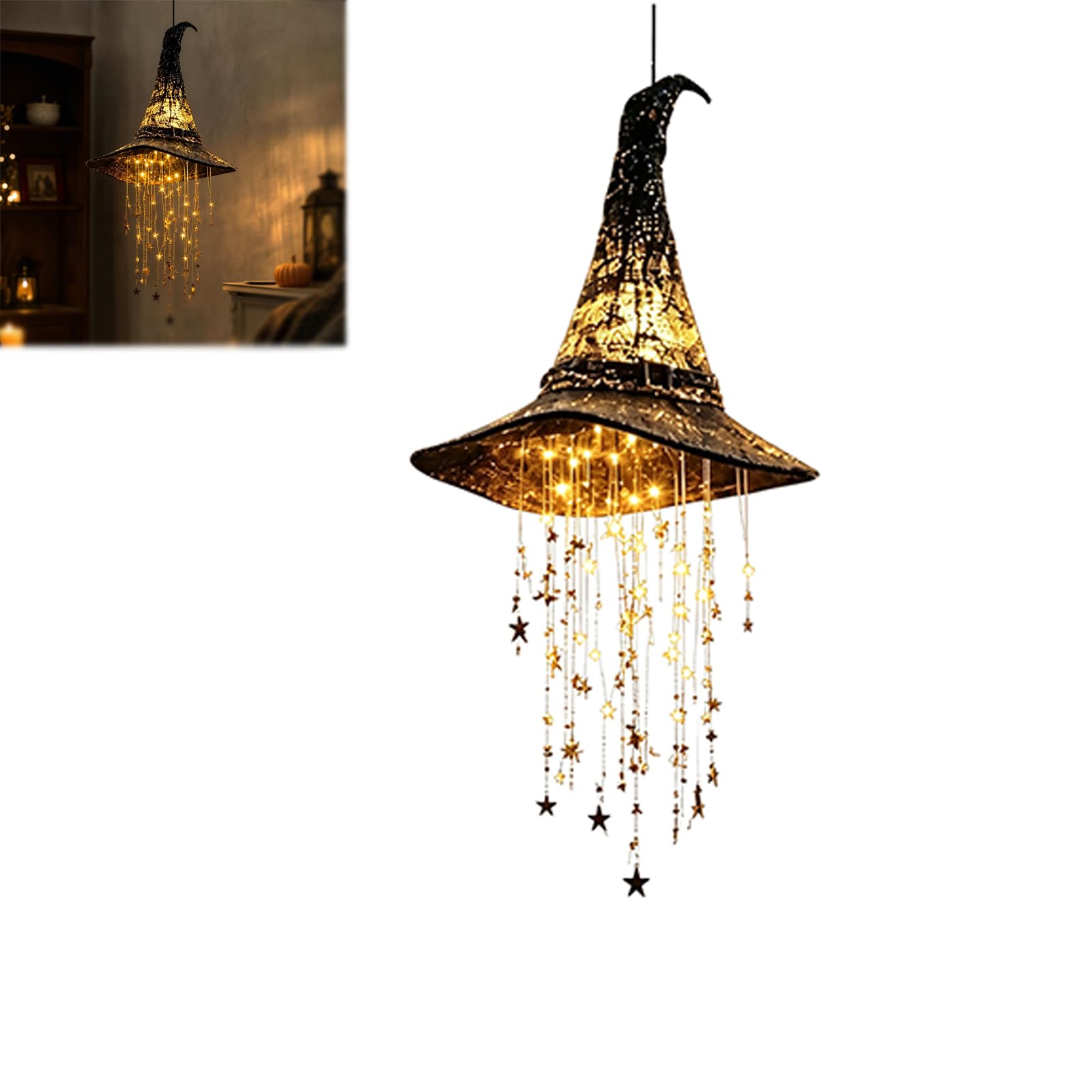 Lighted Witch Hat Hanging Chime, Gothic Halloween Wind Chimes, Glowing Waterproof Light Up Black Hanging Witch Hat Star Garland for Indoor Outdoor Halloween Party Home Porch Window Decor, 1 PC