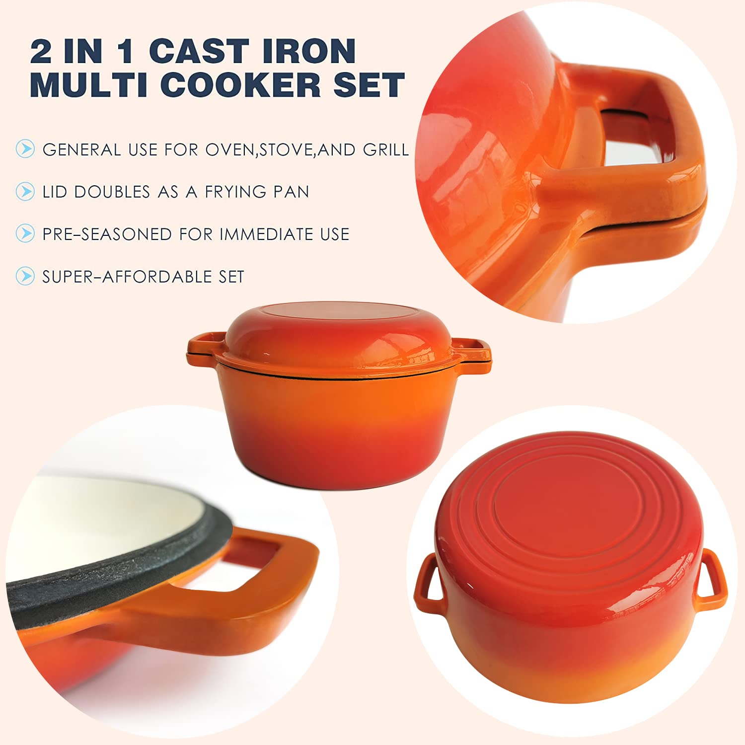 2-in-1鋳鉄製ダッチオーブンポット エナメル鋳鉄鍋 2-in-1鋳鉄製