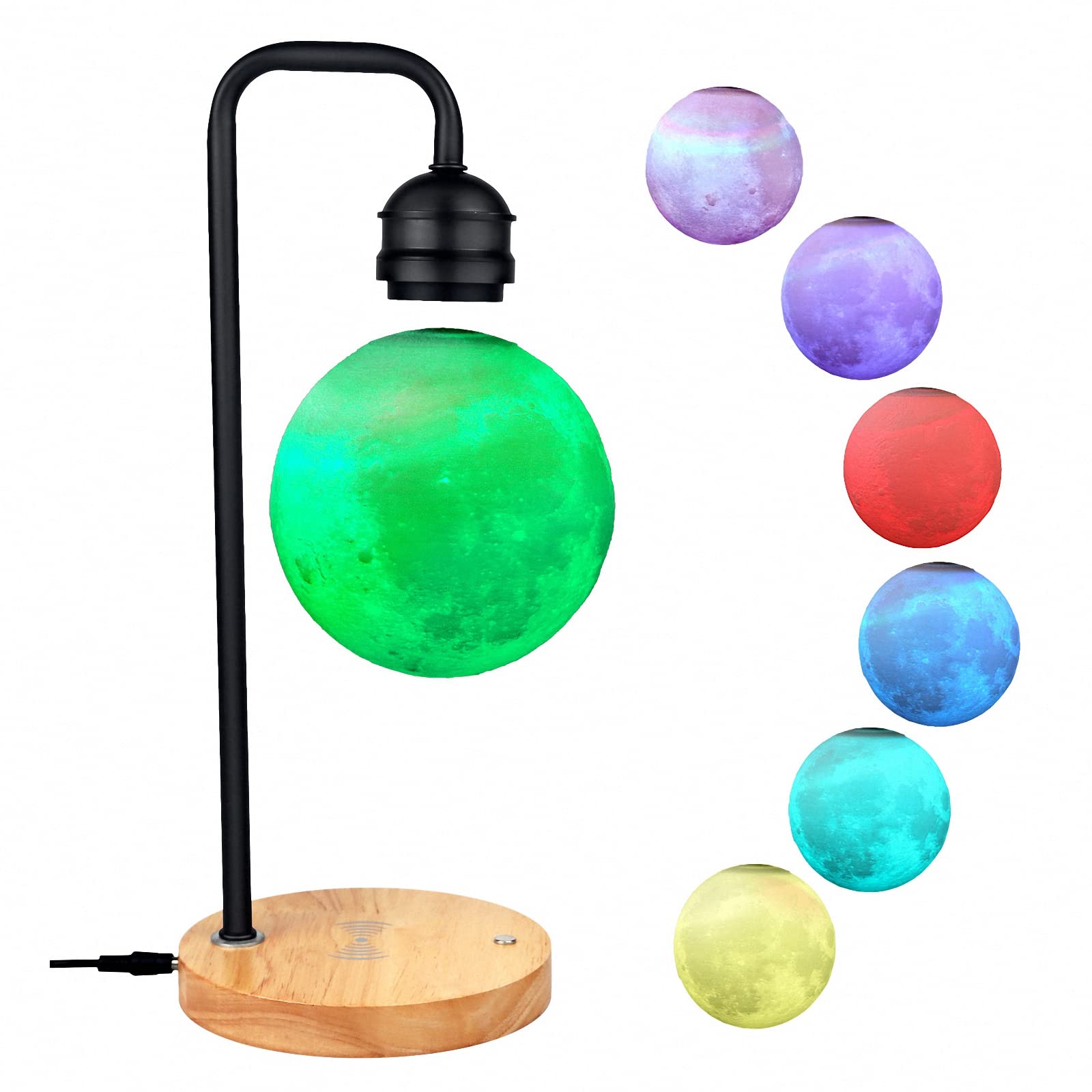 Magnetschwebe-Mondlampe mit 7-Farben-Lichtern, kabelloses Aufladen des Schlafzimmer-Handys, 3D-Nachtlichtdekoration, Geschenk-Mondlampe für Kinder
