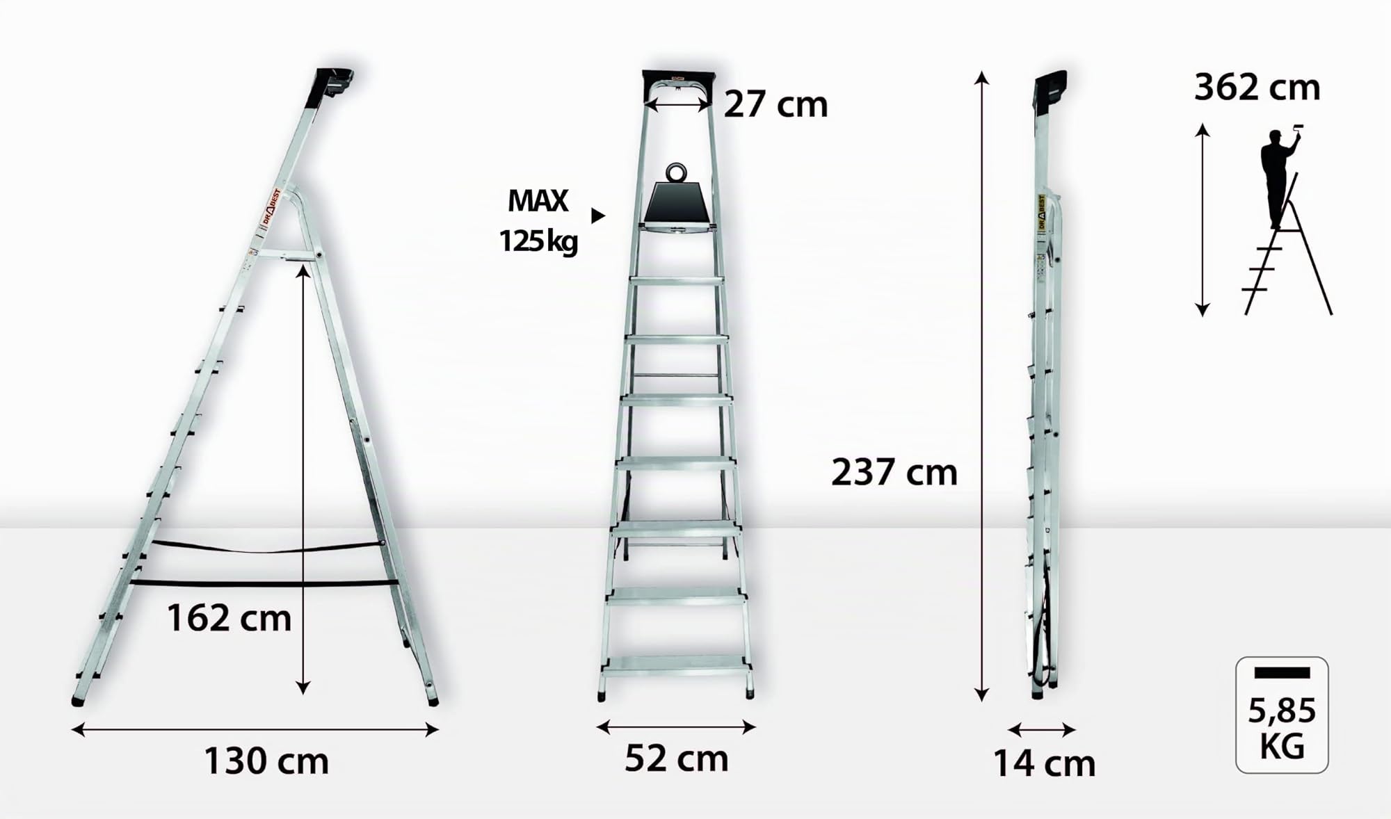 Drabest – Échelle Domestique – Escabeau – 8 marches – Hauteur de Travail 3,62m – Escabeau Pliant en Aluminium, Charge Max. 125 kg – avec Plateforme 25 x 26 cm, Pieds antidérapants