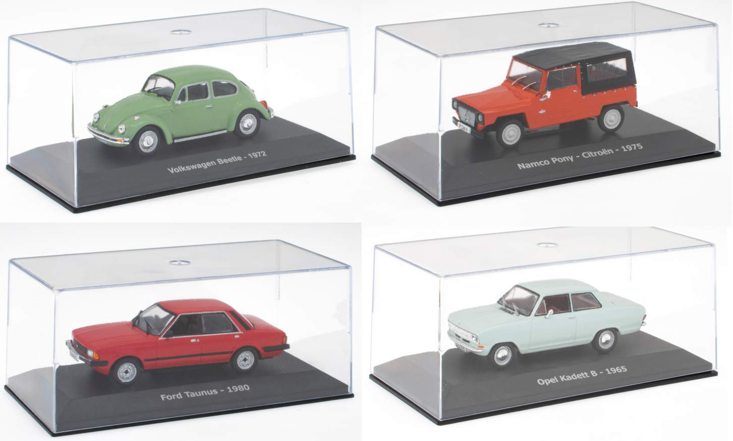 Lot de 4 Voiture 1/43 Compatible avec VW Bettle + Opel Kadett B + Citroen MEHARI + Ford Taunus (CC101+102+103+104)