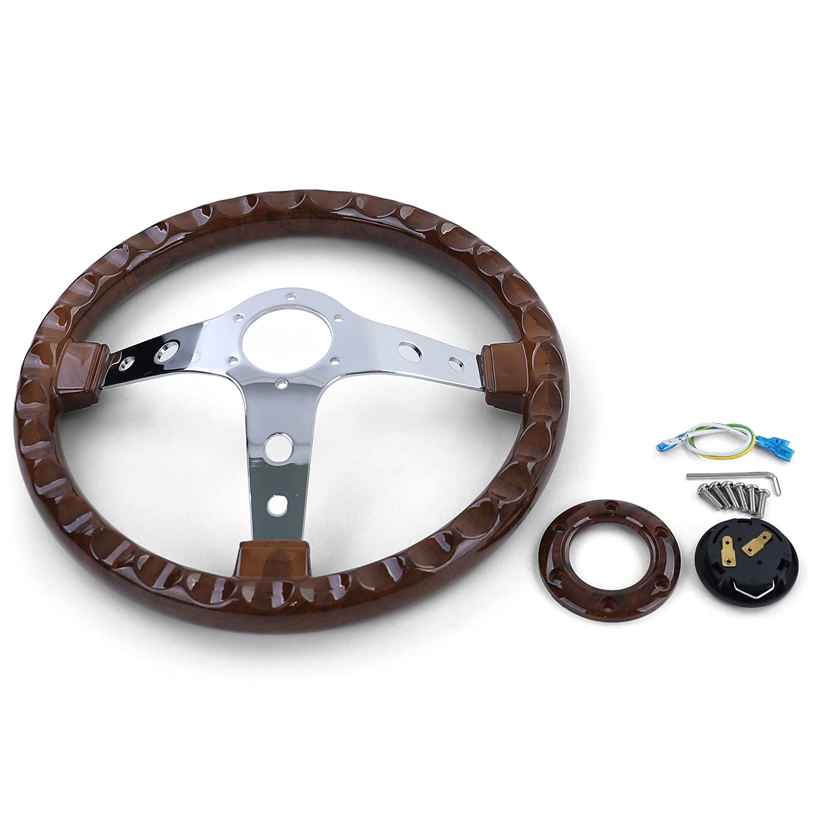Sportlenkrad 350mm Wurzelholz Look Chrom Oldtimer Youngtimer Retro Klassiker