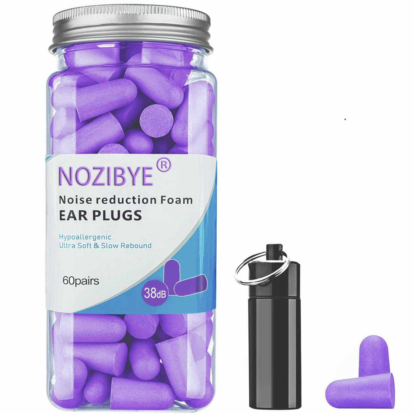 Nozibye 60 Pairs Super Soft Foam Ear Plugs for Sleeping Noise Canceling Earplugs, 38dB Highest Noise Reduction Earplug for Sleep, Snoring, Shooting, Study, Travel, Loud Noise, etc. (Purple)