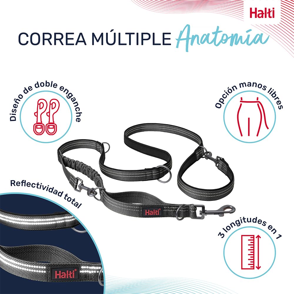 Correa Multifuncional para Perros HALTI Anatomy - Correa con Doble Enganche, Ideal para pasear y adiestrar Perros. Cómoda de Sujetar, Reflectante y Ligera. Adecuada para Cachorros (Talla L, Gris)
