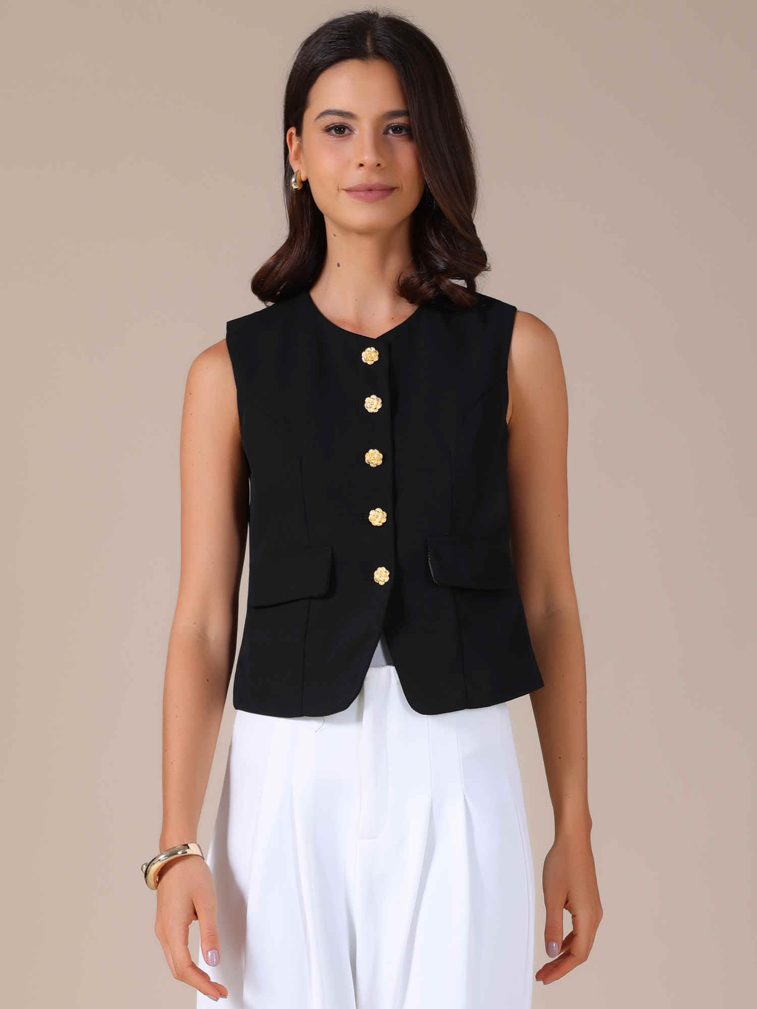 Allegra K Gilet de Costume Femme à Col Rond Femme Blazer sans Manches avec Boutons Veste Décontractée d'affaires