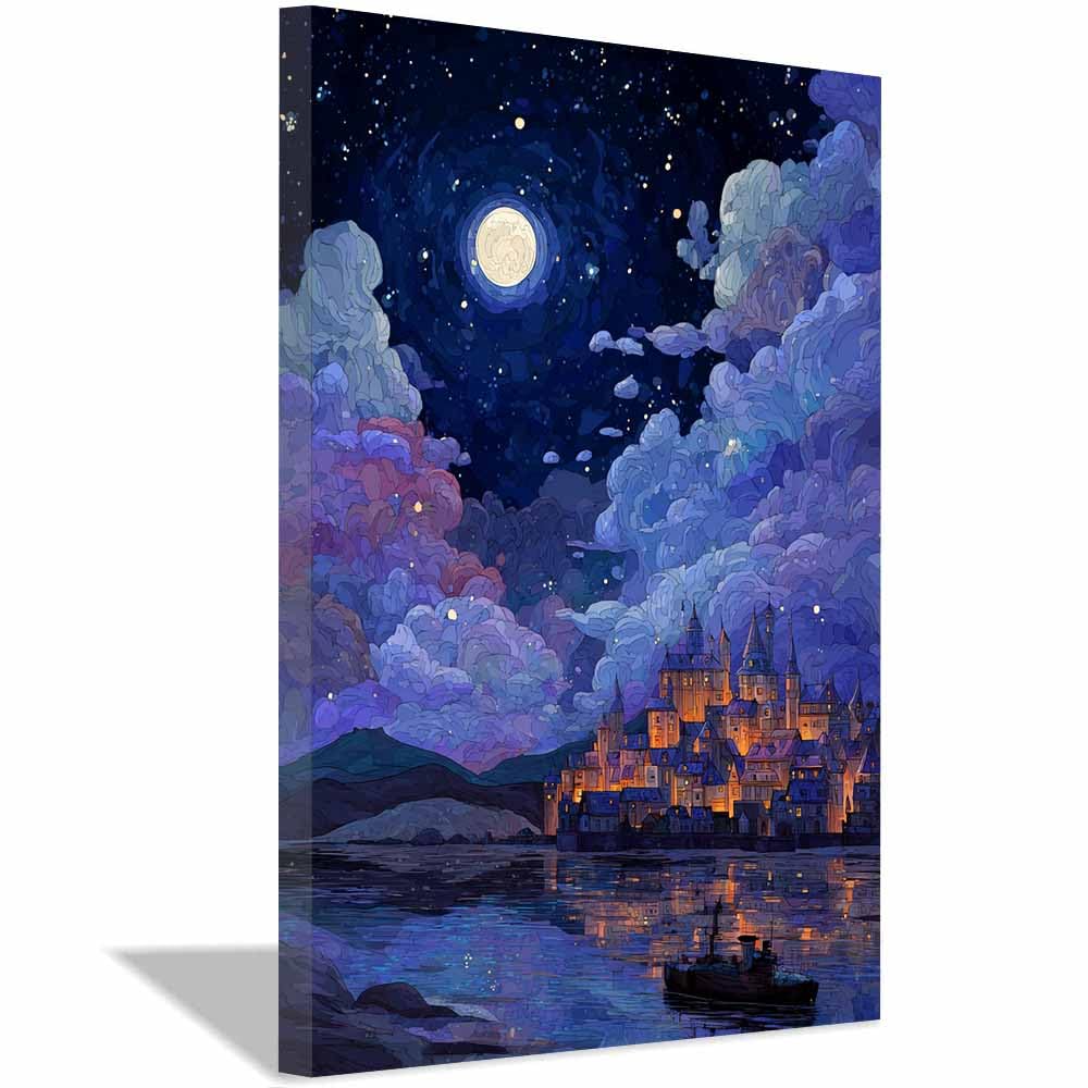 HOQIU Natural scenery wall art Moonlit Fantasy Castle Town decorative painting, wall art, for Living Room Bathroom Bedroom Kitchen Decoration.(Multicolor)-30x40cm Framed