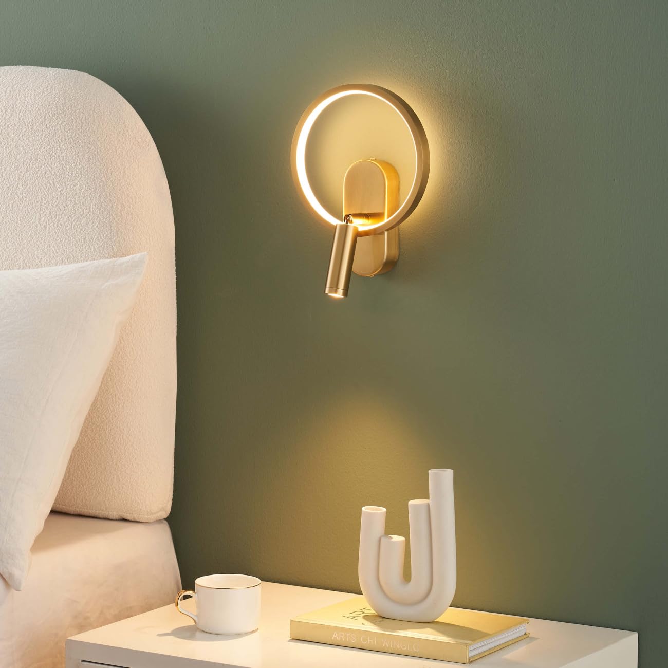 KOSILUM – Aplique dorado doble luz con lector centrado – Lona – Luz blanca cálida iluminación salón dormitorio cocina pasillo – 1650 lm – LED integrado – IP20