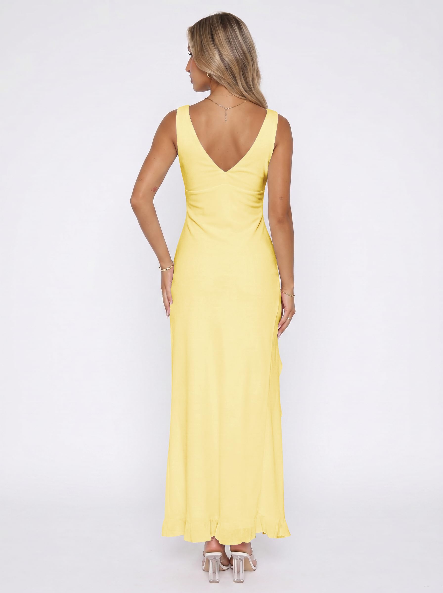 Robe Femme Chic et Elegant sans Manches Col V Maxi Robes en Maille Sexy Robe Longue Moulante d'Été avec Fente et Volants Casual Dos Nu Robes de Soiree Cérémonie Mariage Invité Cocktail Bal