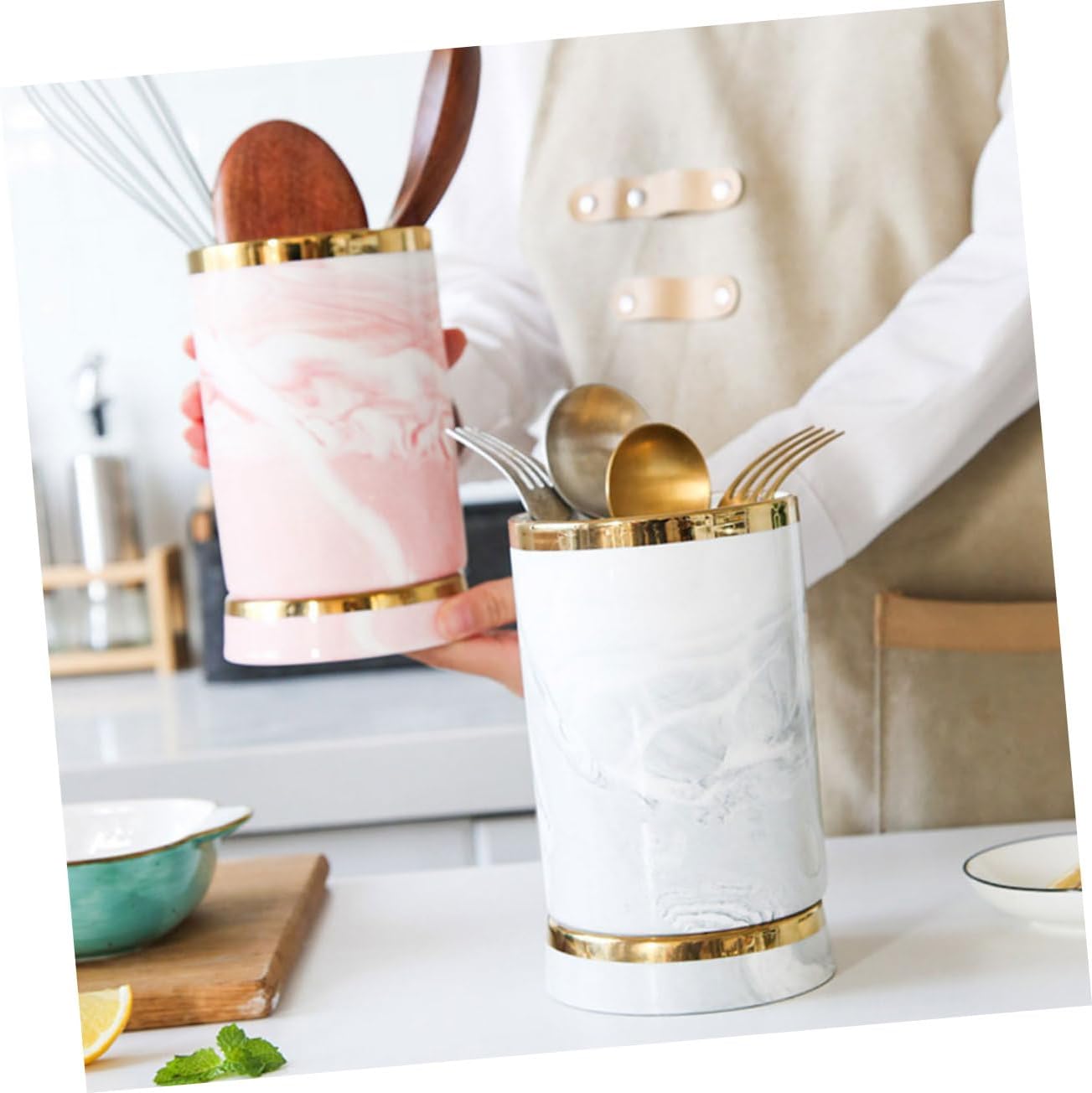 ABOOFAN Kitchen Ceramic Utensil Holder Elegant Marble Pattern Chopstick Organizer for Countertop for Spoons Forks and Everyday Kitchen Utensils for Home and Restaurant Use
