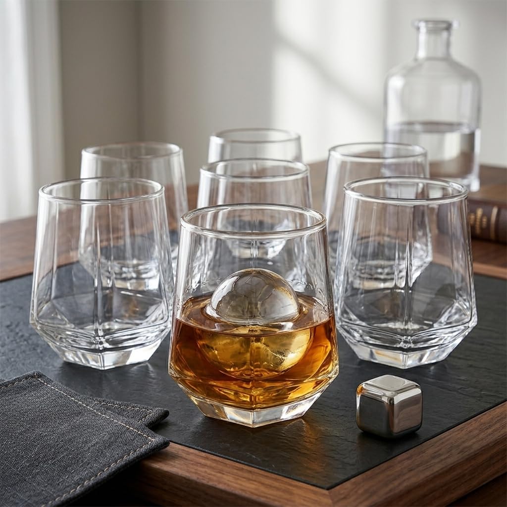 Deconox 6'lı Geometrik Cam Su ve Meşrubat Bardağı Seti - Modern Kesim Kahve Yanı Bardağı (340 ml)