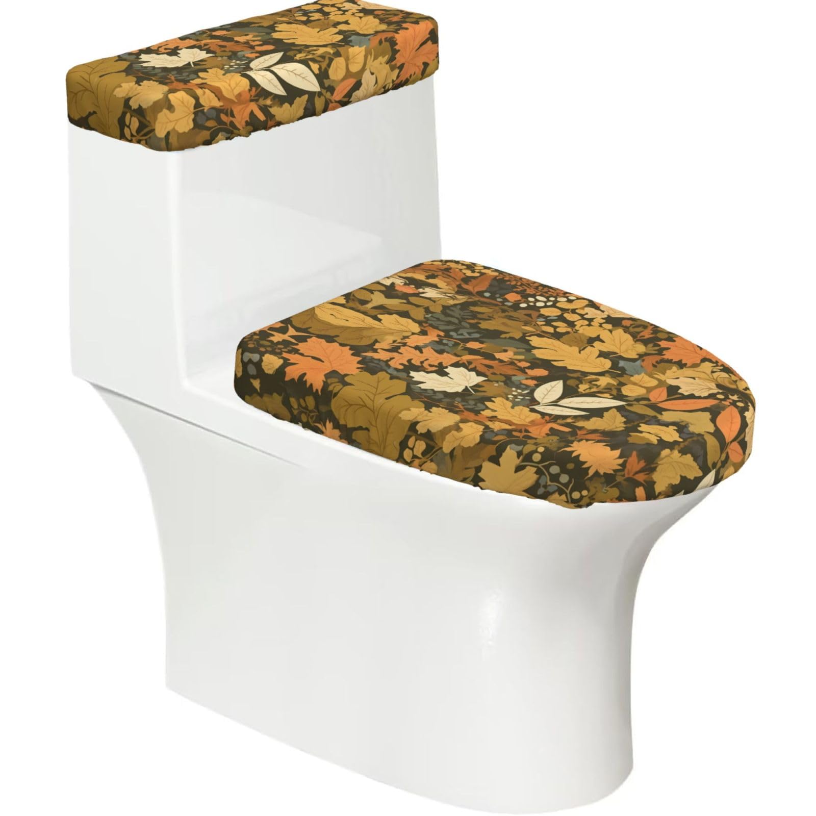 Wzycwb Black Autumn Withered Leaves 2-Piece Toilet Seat Cover Set With Tank Lid, Elastic Fit For U-Shape & Elongated Toilets, Bathroom Decor, Housewarming Gift