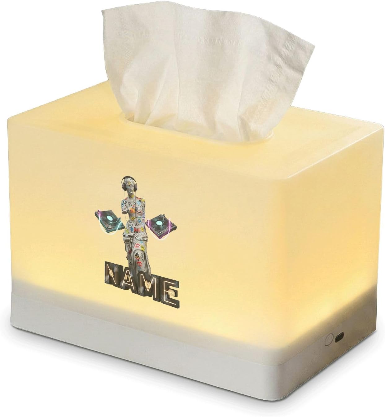 Personalized DJ Statue Tissue Box Cover with Name, Rechargeable LED Night Light Lamp for Bedroom Decor