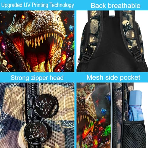 Image of 16 inch Dinosaur Backpack for Boy, 3Pcs Kids Bookbag for Elementary Preschool Kindergarten, Diamond School Backpacks with Lunch Box (Black)