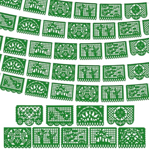 Image of VitalCozy 4 Pack 59 ft Mexican Papel Picado Banner Plastic Mexican Talavera Party Fiesta Banner Wedding Hanging Decorations for Cinco De Mayo Party Supplies (Green)