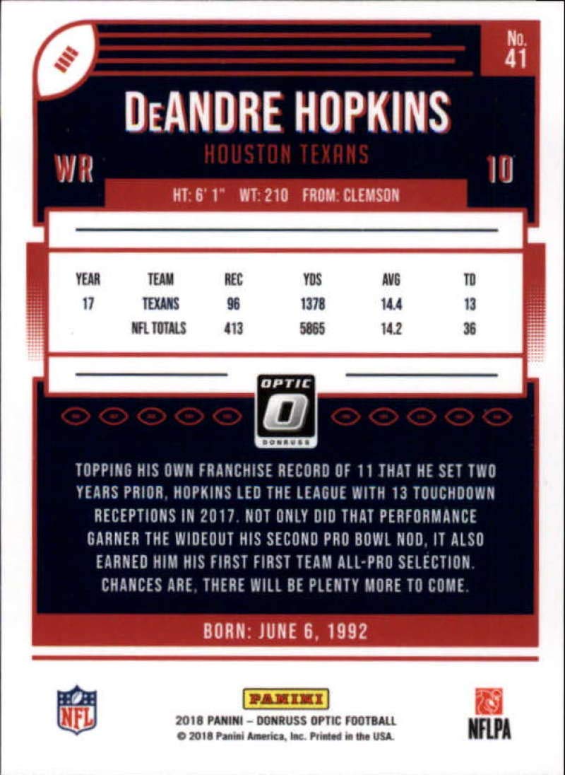 Amazon.com: 2018 Donruss Optic #41 DeAndre Hopkins Houston Texans NFL  Football Trading Card : Collectibles & Fine Art
