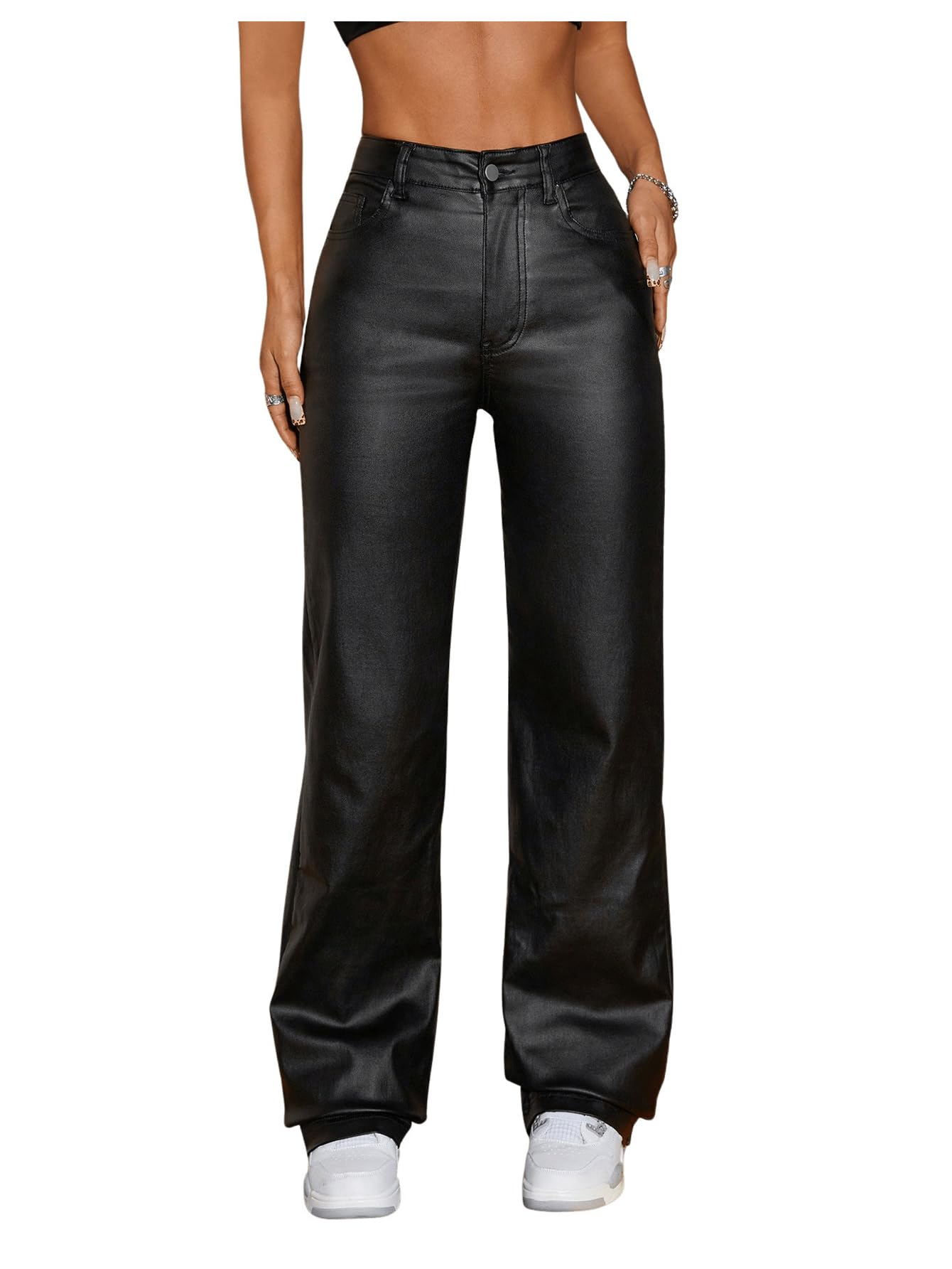 SOLY HUX Womens Straight Leg Pants High Waisted Casual PU Leather Long Trousers