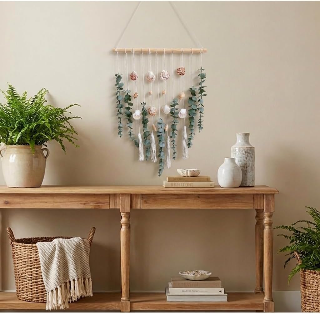 Boho Wall Decor Artificial Eucalyptus Hanging with Seashells Macrame-bk | Faux Eucalyptus Greenery Boho Hanging Decor for Bedroom Office Bathroom Rustic Wall Art Decor