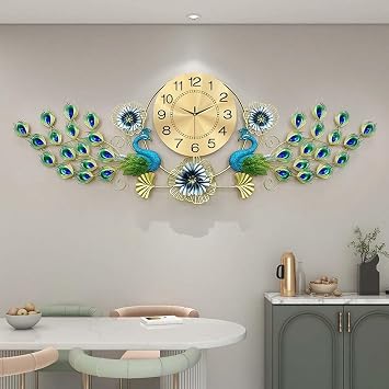 Large Peacock Wall Clock Metal Design Non-Ticking Silent Art Digital Wall Clocks for Living Room Decor 154cm/60 inch