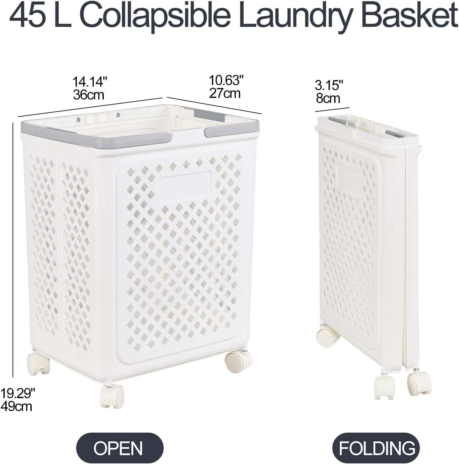 Kekow 45 L Collapsible Plastic Laundry Basket with Wheels and Handle, Foldable Rolling Laundry Hamper with Wheels, White, Pack of 4