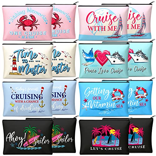 Silkfly 16 Pieces Cruise Survival Kit Novelty Cruise Cosmetic Bags Gift Travel Canvas Makeup Bag Zipper Organizer Pouch for Ocean Ship Lover Women Mom Vacation Friend Exchange Ideas(Colorful Base)