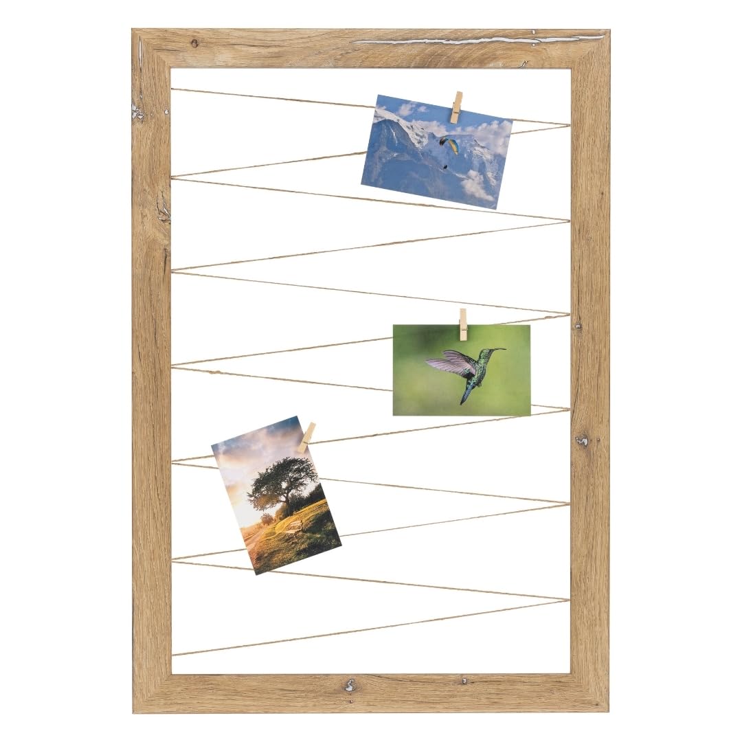 CLAMARO 'Neo Collage Line' Fotohalter 70x90 cm | Eiche Vintage Silber | Hochformat Bilderrahmen mit Fotoleine aus Juteband und Holzklammern | Ideal als Fotocollage Galerie, Fotowand oder Fotorahmen