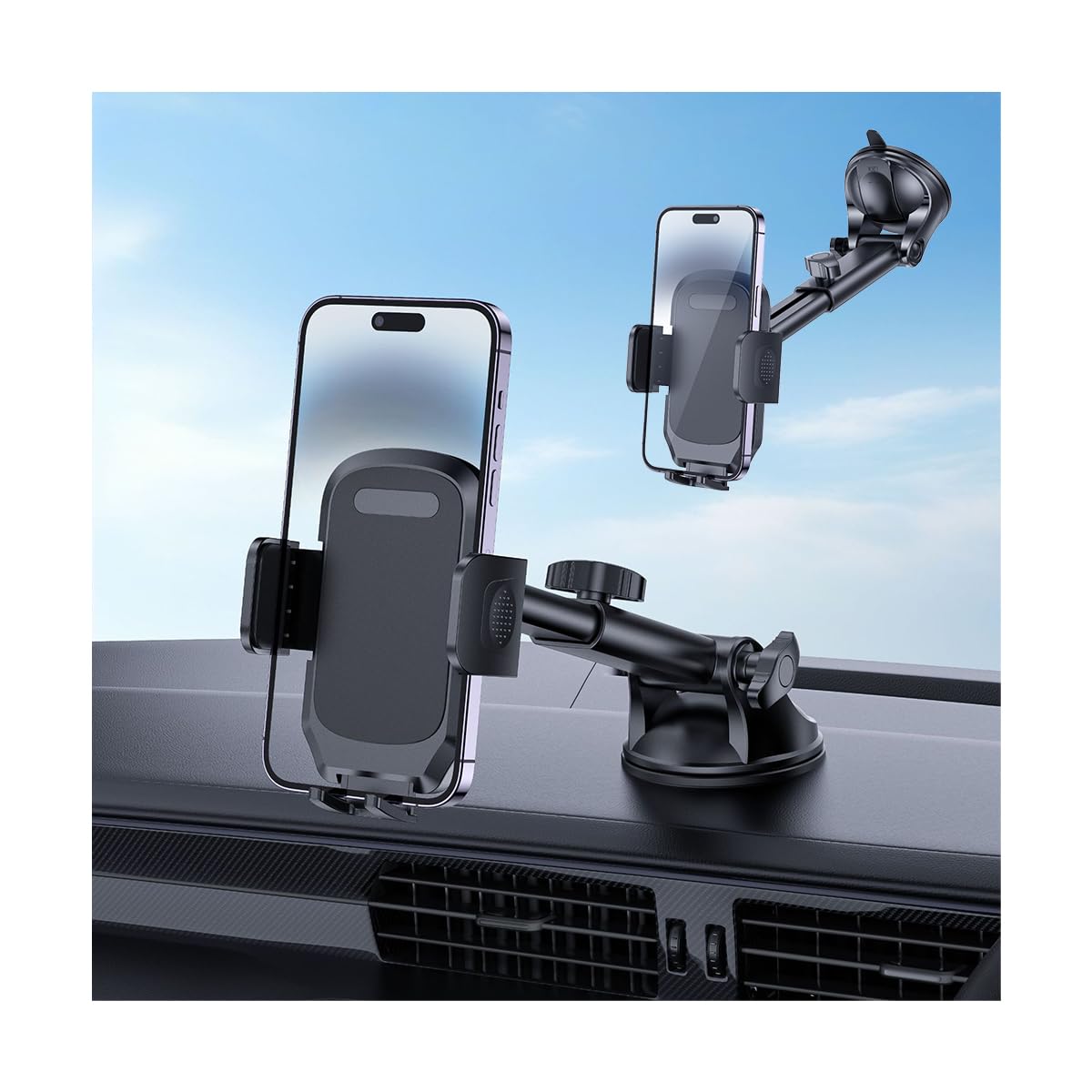 Sandfren Car Phone Mount, Super Suction Dash Vehicle Dashboard Windshield Window Cellphone Holder, 360° Rotating Automotive Smartphones Cradle Accessories, Universal for SUV, Sedan, Truck (Black)