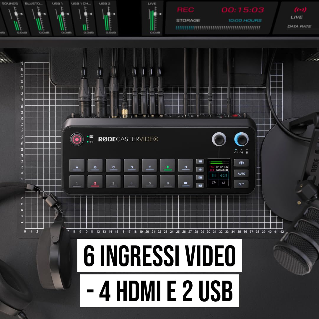 RØDE RØDECaster Video, switcher video professionale e interfaccia audio, multi-camera, 6 ingressi video HDMI e USB, 1080p60, scene multi-sorgente | Tutto-in-Uno, Mixer Audio Professionale Integrato, Switching Video, Qualità Broadcast