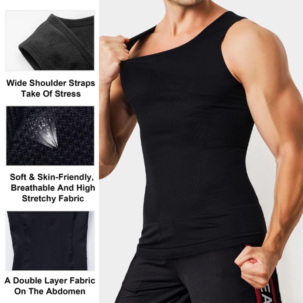Camiseta de compresión para Hombre, Faja Abdominal, Faja de Pecho, Chaleco Moldeador de Cuerpo Adelgazante, Camisetas sin Mangas de Entrenamiento(Negro-XX-Grande