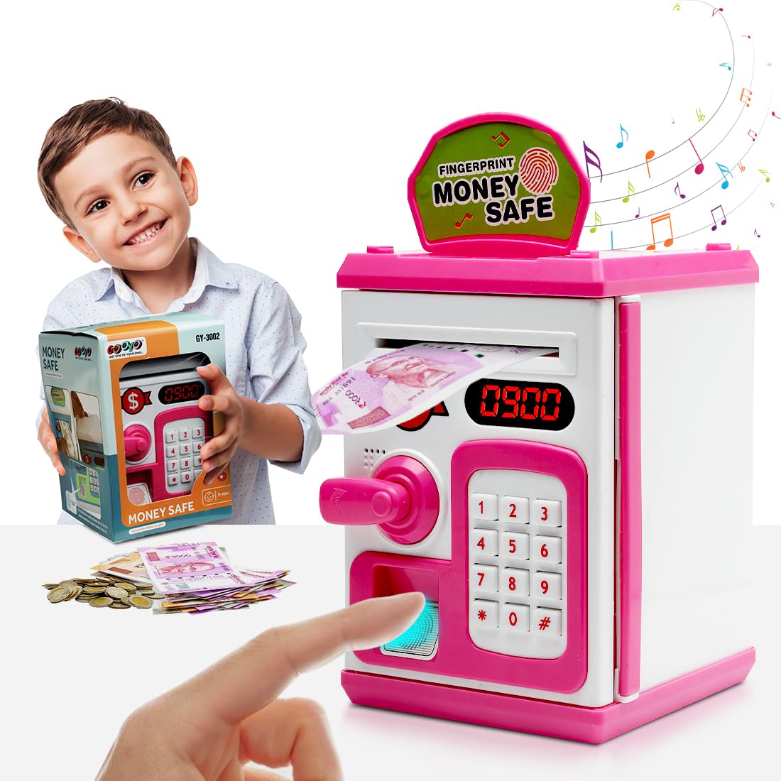 GOOYO Money Bank for Kids with Fingerprint Sensor and 3-Step Safe Password Protection - 3X AA Battery Not Included (Pink)
