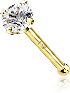 COCHARM 14k Solid Gold Heart Star Nose Stud 20g Yellow Solid Bone Nose Stud 14k Real Gold Nose Ring Stud Hypoallergenic 14Kt Nose Piercing For Women Men