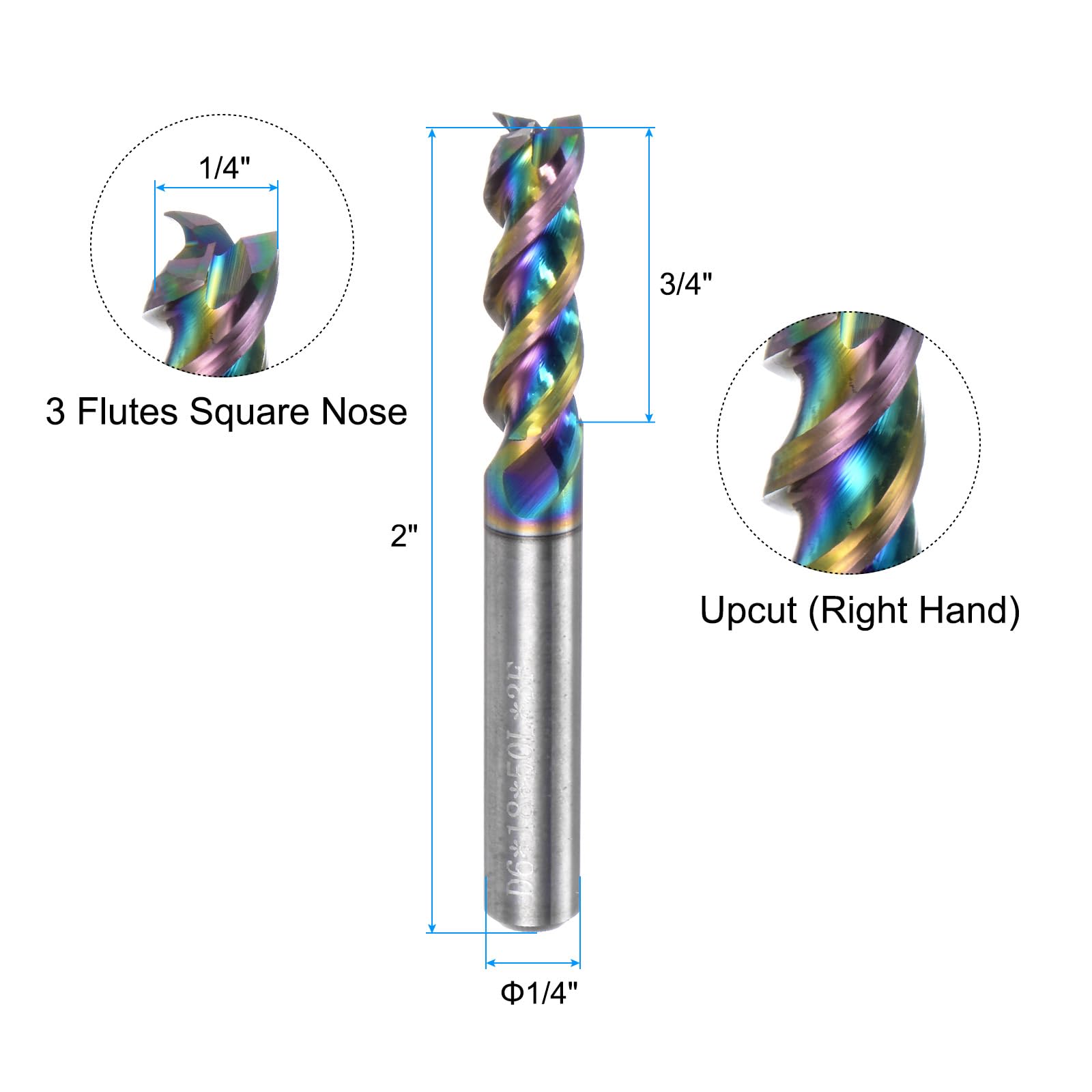 uxcell Carbide Square End Mill, 6mm Diameter Diamond-Like Carbon Coated 3 Flutes Milling Bit Cutter, for Aluminum Copper Non-Ferrous Metal, 6mm Shank 18mm Cut Length 50mm Long HRC50