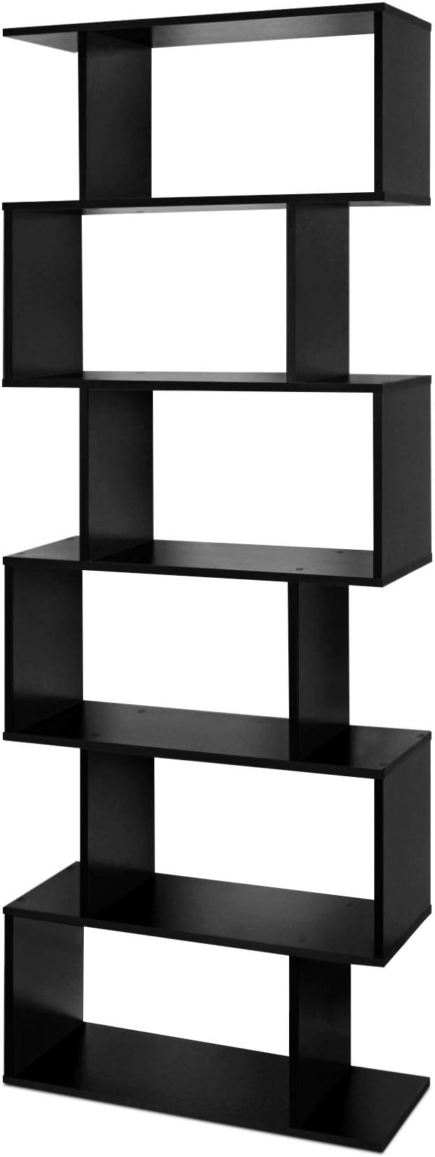 Lillyvale Wood Bookcase Bookshelf S Shape 6 Tier Shelves Free Standing Shelving Storage Display Unit Organizer for Living Room Black White (Black)