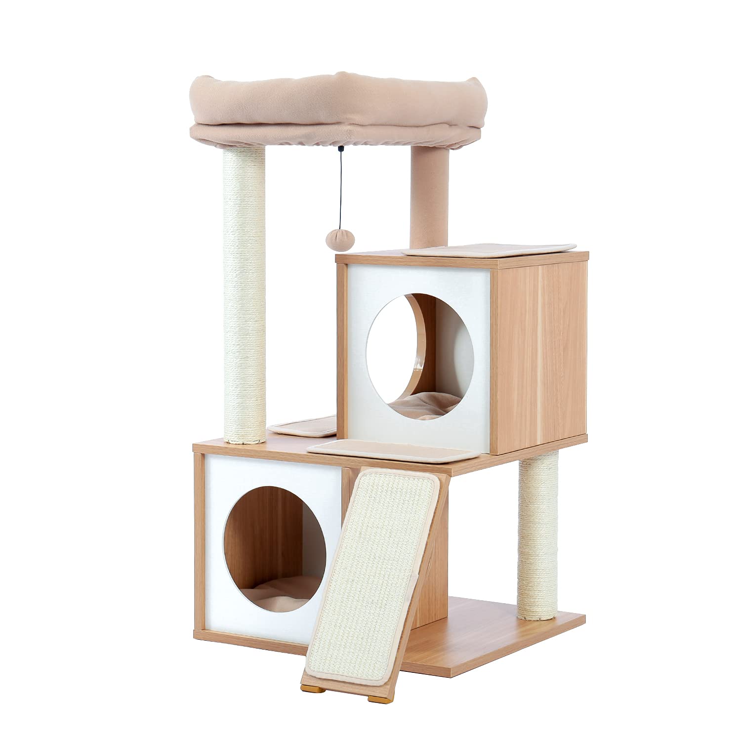 PETEPELA Cat Tree 89cm Wooden Cat Tower with Double Condos, Removable Spacious Perch, Fully Wrapped Scratching Sisal Posts, Replaceable Dangling Balls, 41 Inches Beige