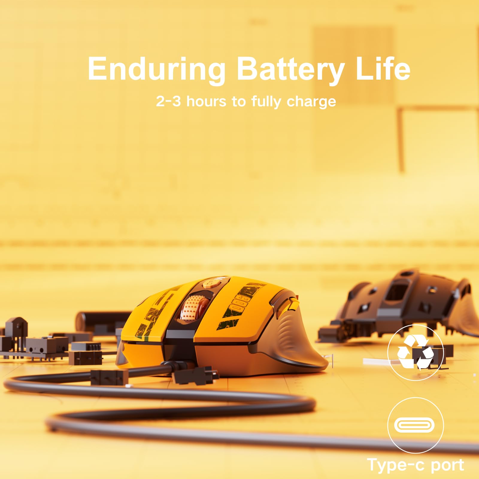 Uineer mouse wireless, [Aggiornato] mouse bluetooth multi-dispositivo, Livello batteria visibile, Tri-mode (BT 5.0/4.0+2.4G Hz) Mouse ergonomico ricaricabile, 4 DPI regolabili, mouse senza fili,giallo