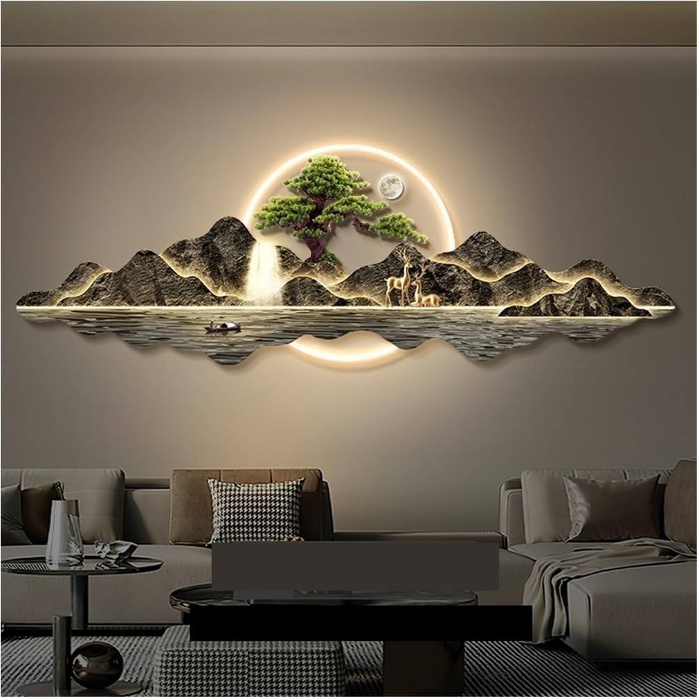 LED 3D Wall Art Decor, Landscape Wall Mural with Welcoming Pine Tree, Traditional Oriental Wall Sculpture with Light, Decorative Wall Art for Living Room(Light Brown,47.2in) - Image 2