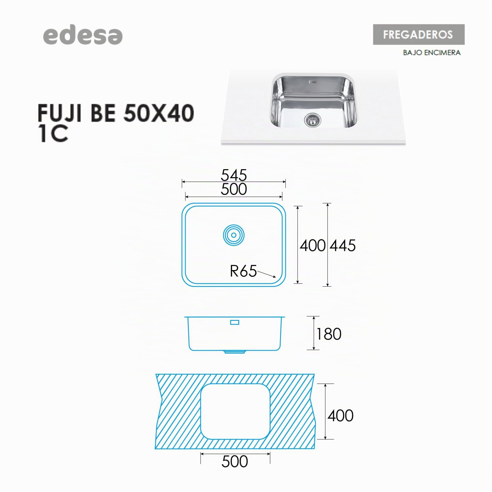 EDESA Fregadero FUJI BE 50X40 1C /A Bajo Encimera Acero Inoxidable 1 Cubeta Cuadrada Base Fonoabsorbente Instalación Mueble 60 CM Acabado Inoxidable