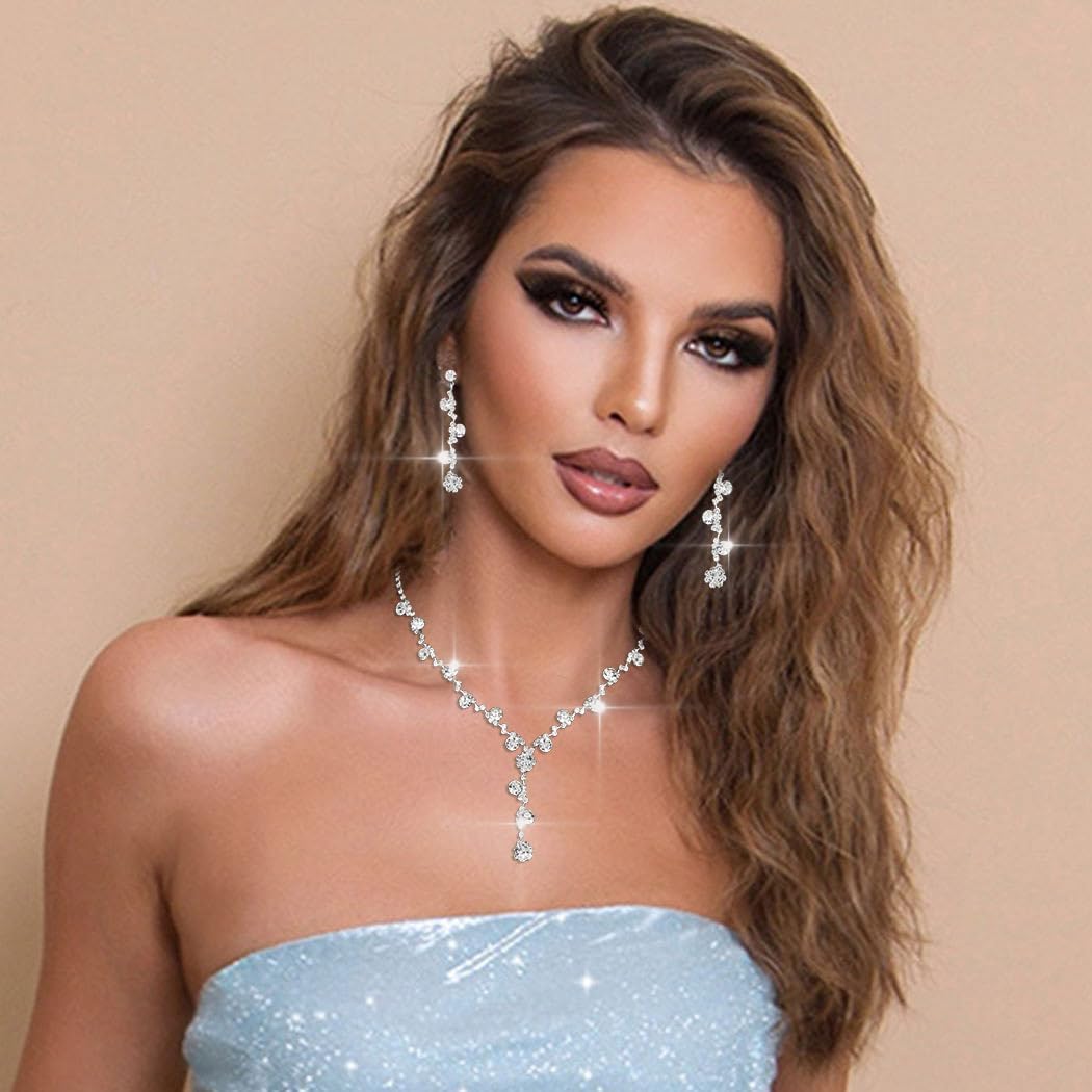 Sixexey Rhinestone Jewelry Set Sparkly Prom Jewelry Necklace Wedding Necklace Jewelry Accessories for Women (Silver) - Image 5