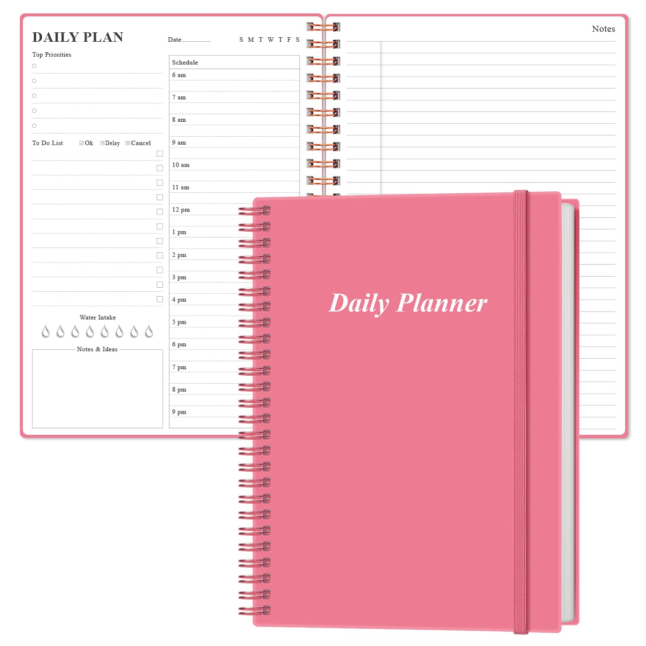 Daily Planner Undated - B5 To Do List Notebook Hourly Schedules, Spiral Appointment Planner for Women and Men, PVC Hardcover, Inner Pocket, Elastic Closure, 7" x 10", Pink