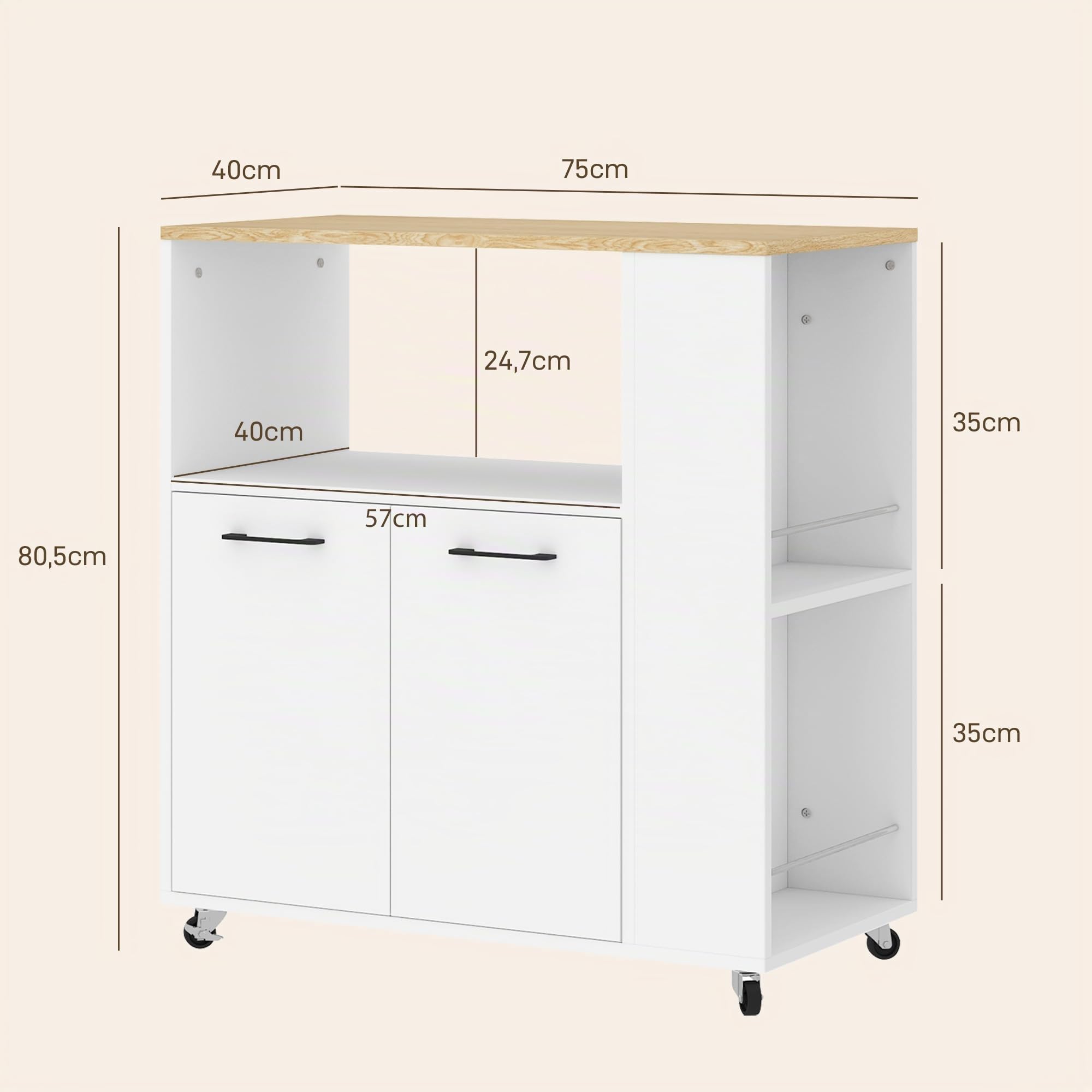 HOMCOM Carrito Auxiliar con Ruedas, Carrito de Cocina con 2 Puertas, Estante Ajustable, Especieros, para Comedor, 75x40x80,5 cm, Blanco