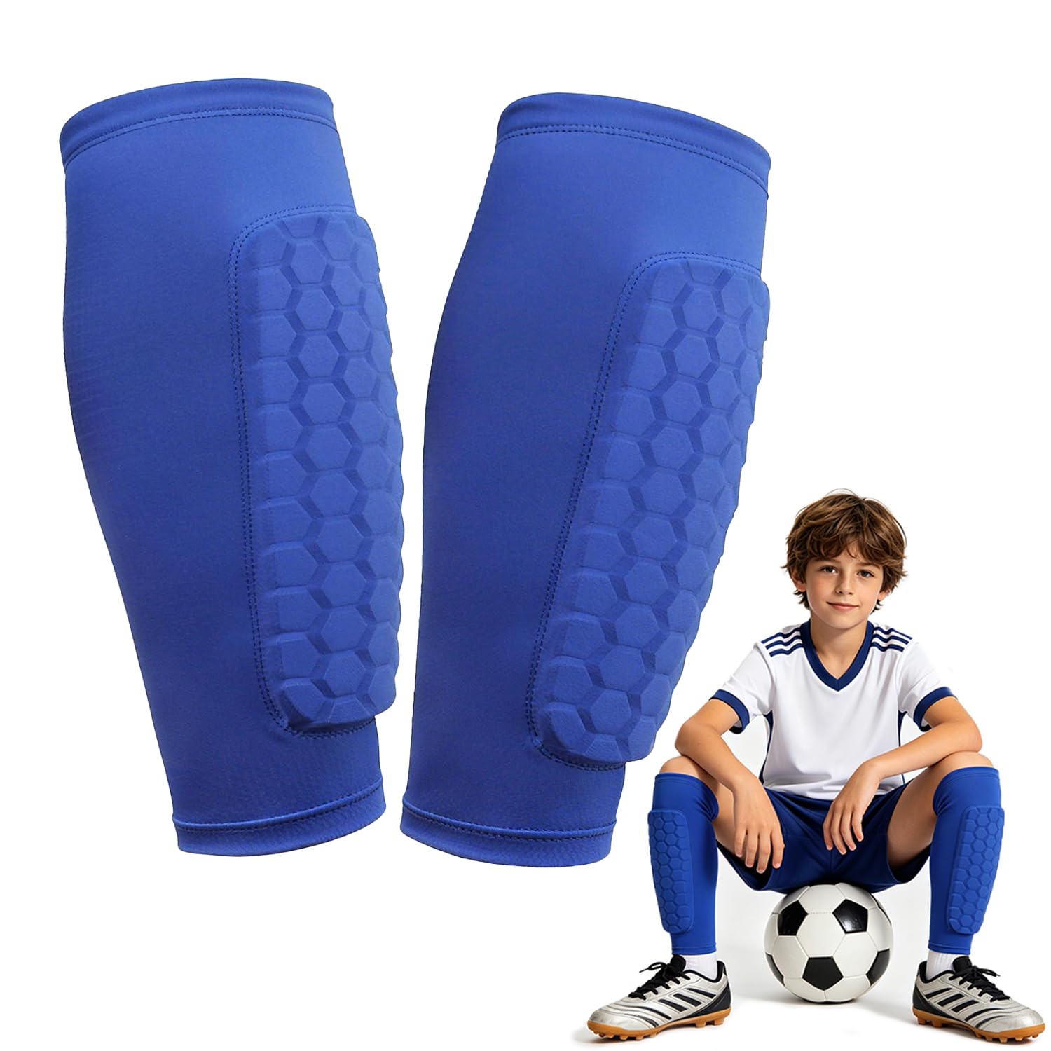 Football Shin Pads Boys, Kids Shin Pads 7-8 for Football Training Shinpads Accessories for Boy Girls Honeycomb Compression Sleeve Shinpads for Shock Absorption and Breathability XS/Blue
