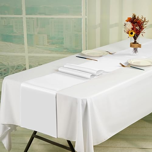 Miniatura 7 de fani Paquete de 12 caminos de mesa de satén blanco de 12 x 108 pulgadas de largo, tela lisa para bodas, banquetes, graduaciones, fiestas de