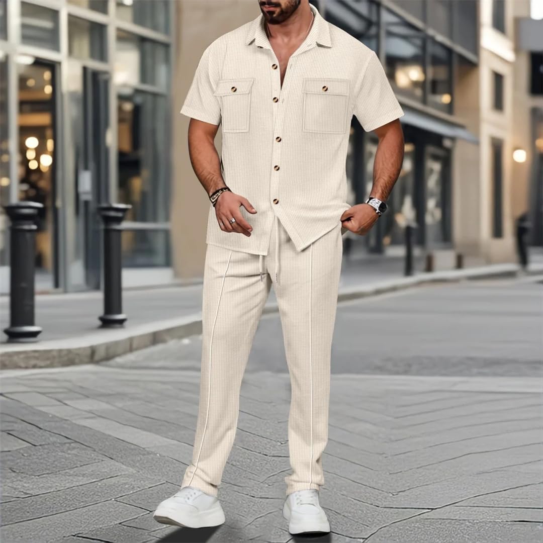 Men's Waffle Suit Button Pocket Shirt Short Sleeve Trousers Breathable Two-Piece Set