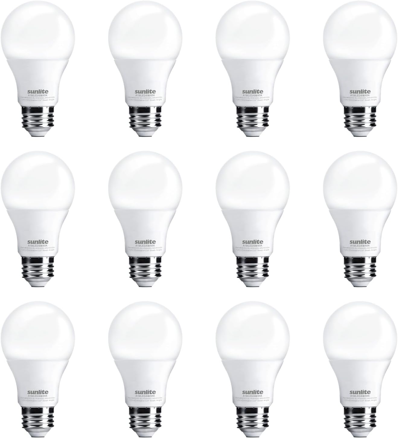 Sunlite LED A19 Light Bulb, 6 Watts (40 Watt Equivalent), 480 Lumens, 120 Volts, Dimmable, Medium E26 Base, UL Listed, RoHS, 6500K Daylight, 12 Pack