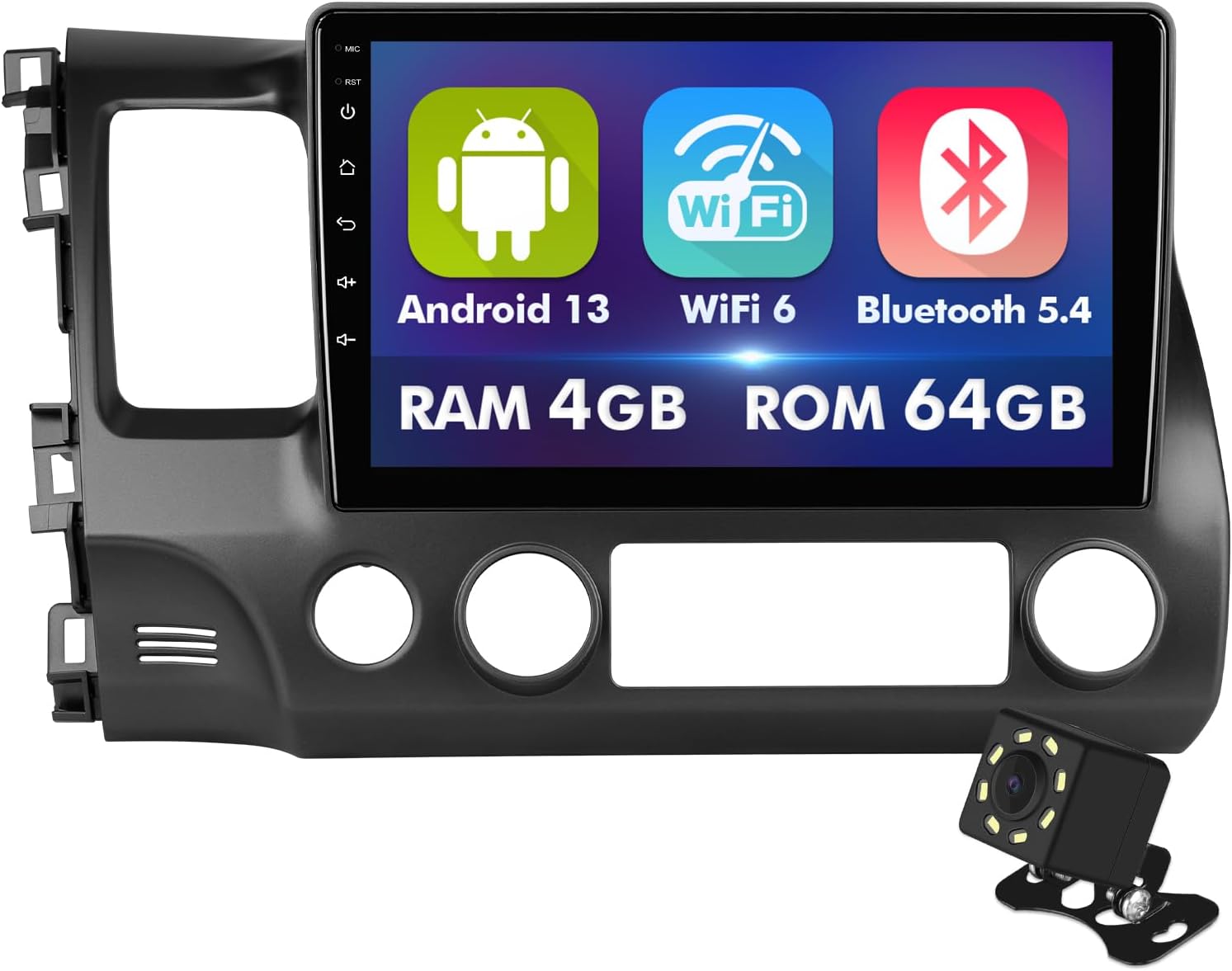 The ISUDAR 10.1-inch car stereo with its Android 13 interface, displaying icons for Android, WiFi 6, and Bluetooth 5.4, along with RAM 4GB and ROM 64GB specifications.