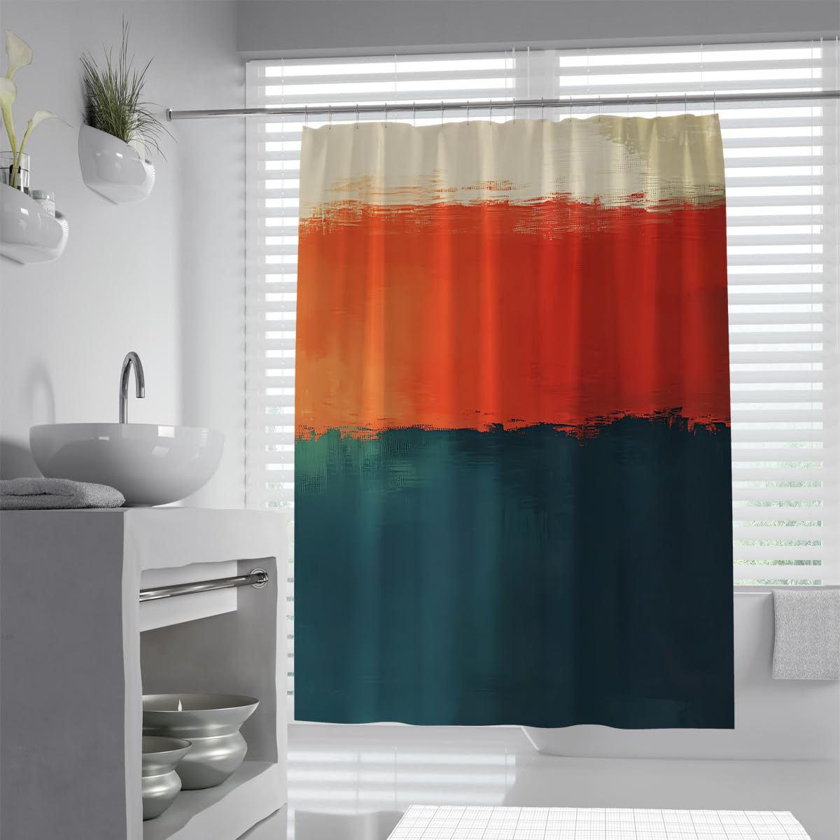 Abstraktes Farbfeld-Duschvorhang Retro-minimalistisches mehrfarbiges Streifendesign Badewannenvorhang Waschbarer Polyesterstoff mit Haken 200 x 240 cm