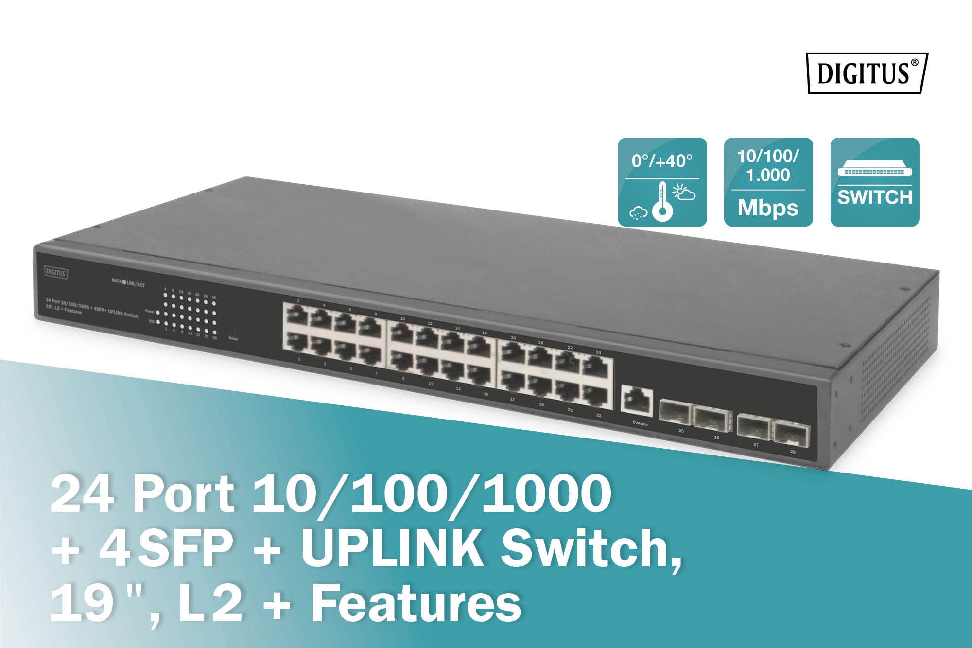 Digitus 29 Port Gigabit Ethernet Netzwerk-Switch - Managed - 24 RJ45 Ports + 4 SFP Ports + 1 Konsolen Port - 10/100/1000 Mbps - 19-Zoll Formfaktor - L2+ Funktionen - Schwarz – Bild 2