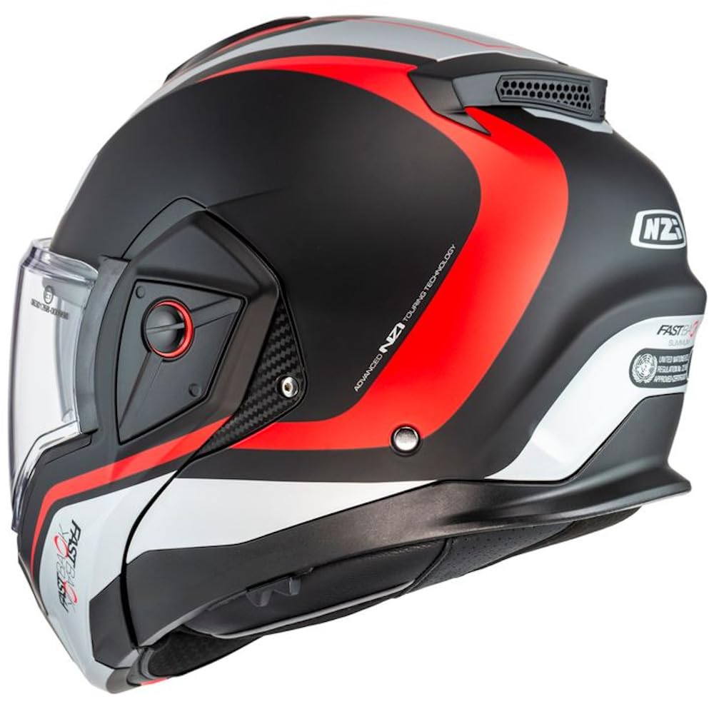 NZI Fastback Duo Designed Summum Negro Mate Rojo Intercom Sena - Casco de Moto Modular Abatible Bluetooth Integrado con Visor Solar - Unisex Hombre y Mujer - Homologado P/J ECE 22.06